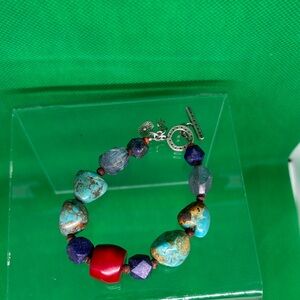 Peyote Bird turquoise and coral 925 silver toggle bracelet